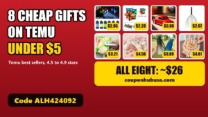 Eight cheap Temu gifts under $5: flashlight keychain, magic cube, model car, scalp massager, bag sealer, socks, water bottle and memory game
