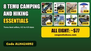 Eight Temu camping and hiking items: zoom flashlight, folding wagon, folding saw, umbrella hat, headlamp, water filter, dry bag and sleeping pad