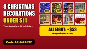 Temu Christmas decor kit: snowflake lights, solar garland, curtain lights, window clings, gift boxes, door banner and stocking