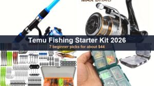 Temu fishing starter kit: telescopic rod, spinning reel, lure set and tackle box
