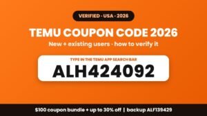 Temu coupon code 2026 ALH424092 for new and existing users in the USA, typed in the Temu app search bar