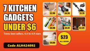7 Temu kitchen gadgets under 6 dollars with prices: scissors, knife sharpener, meat chopper, silicone spatula, jar opener, milk frother and rice basket